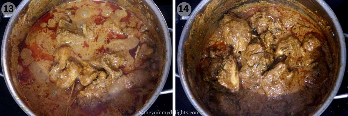 collage image of 2 steps showing cooked chicken rendang curry.