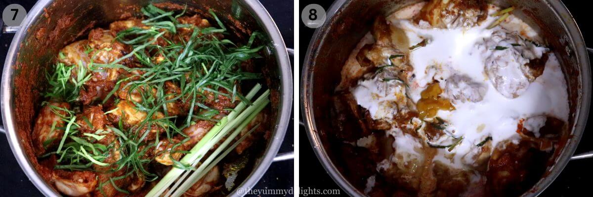 collage image of 2 steps showing addition of turmeric leaves, lemongrass stalk, and kaffir lime leaves. And addition of coconut milk and jaggery to the rendang chicken curry.