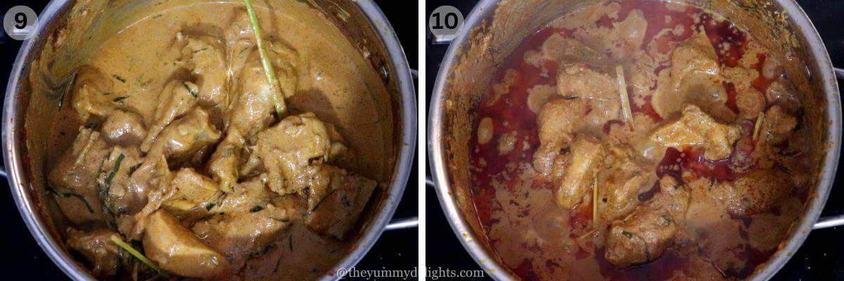 collage image of 2 steps showing cooking the chicken with spice paste and coconut milk.