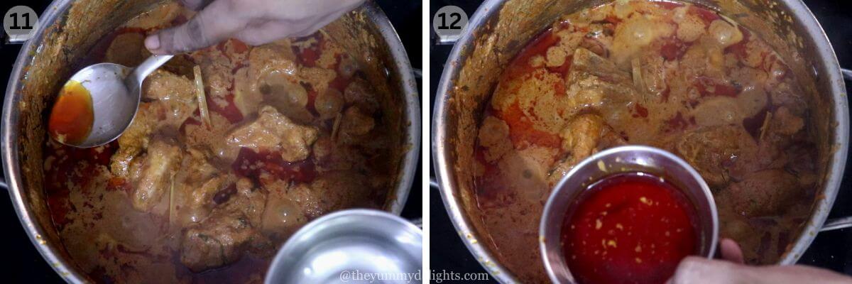 collage image of 2 steps showing removing additional oil from the chicken rendang curry.