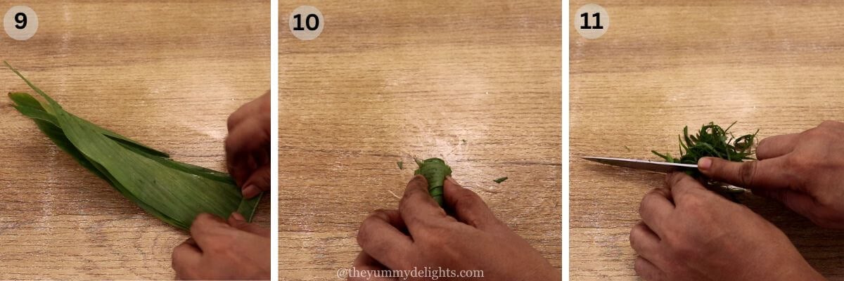 collage image of 2 steps showing chopping the turmeric leaves for rendang recipe.