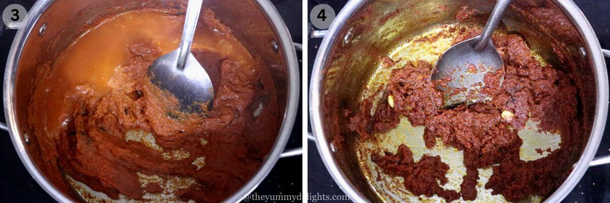 collage image of 2 steps showing cooking the spice paste to make rendang curry.