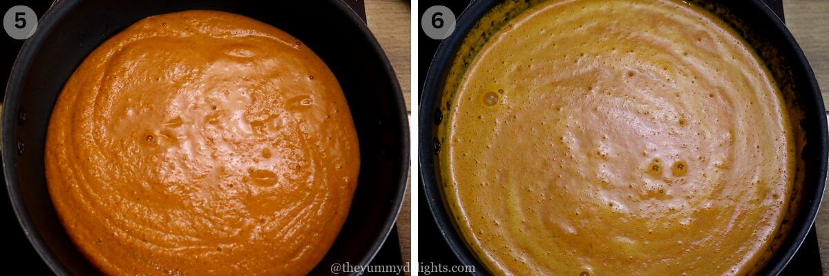 collage image of 2 steps showing addition of water to the masala and cooking it to make mackerel curry.