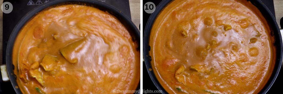 collage image of 2 steps showing cooking mangalorean fish curry (Bangude ghassi).