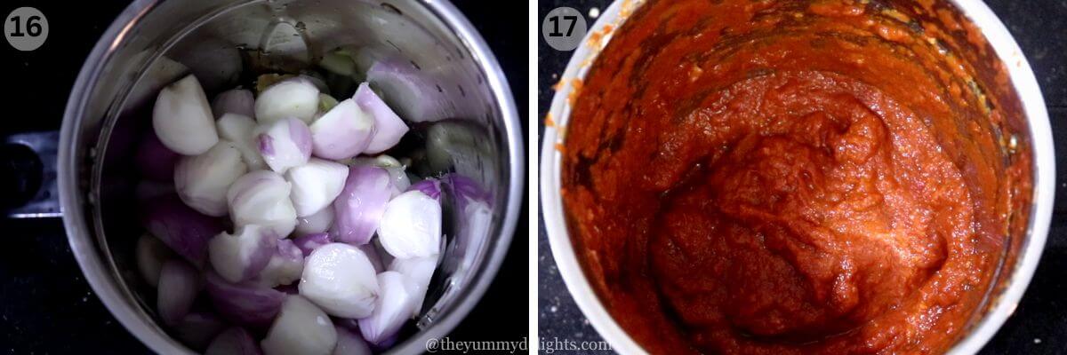 collage image of 2 steps showing how to make rendang spice paste. It shows addition of spice paste ingredients to the mixer/blender jar and grinding to a fine paste.