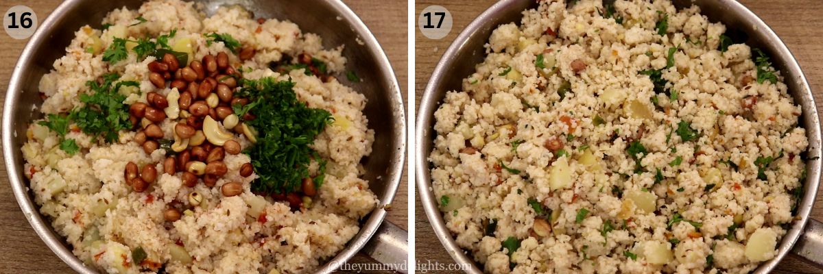 collage image of 2 steps showing addition of peanut, cashews and coriander leaves to make samak rice pulao.