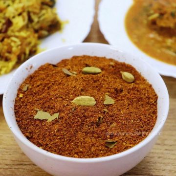 close-up of biryani masala in a white colored bowl.