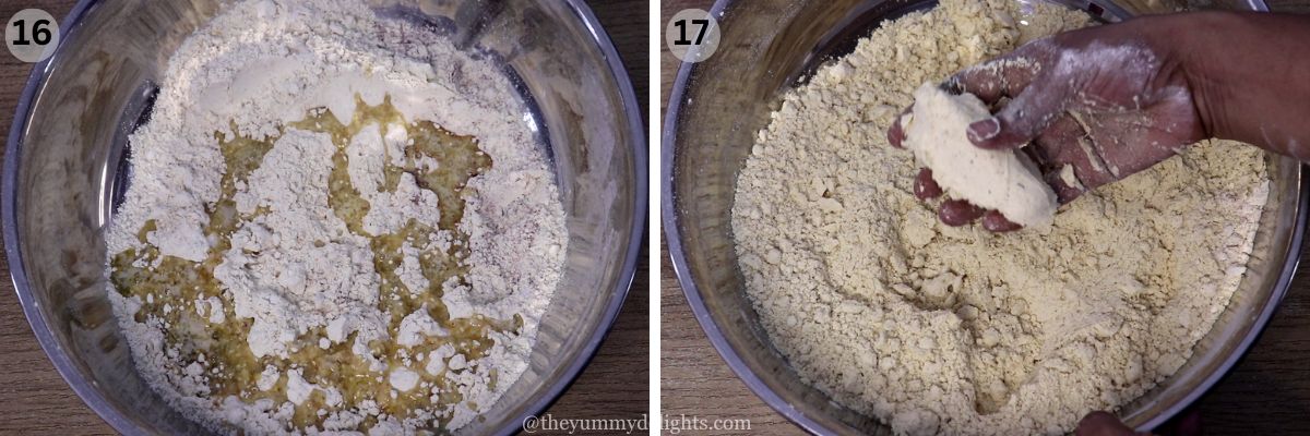 Collage image of 2 steps showing chakli dough preparation. It shows addition of butter to the chakli flour.