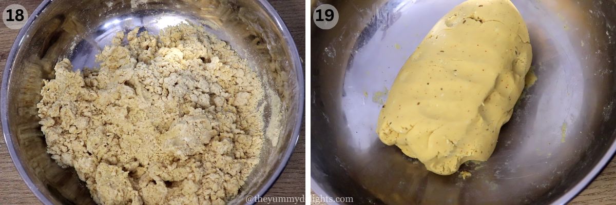 Collage image of 2 steps showing chakli dough preparation with bhajani flour for crispy Maharashtrian chakli. It shows addition of water and kneading the dough.