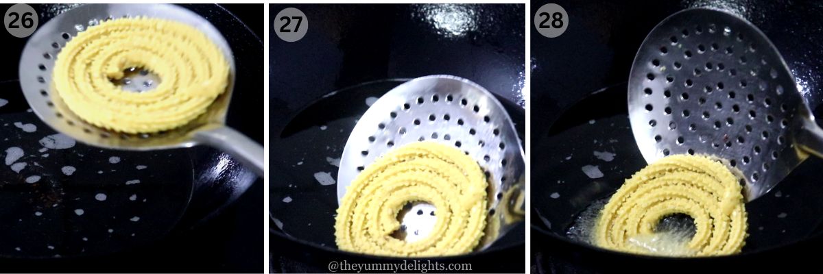 Collage image of 2 steps showing frying crispy Maharashtrian chakli in hot oil for a golden-brown finish. It shows dropping the chakli in hot oil with a slotted spoon.