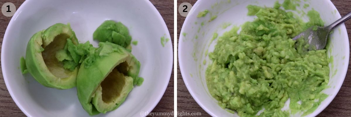 collage image of 2 steps showing mashing the avocados to make guacamole.