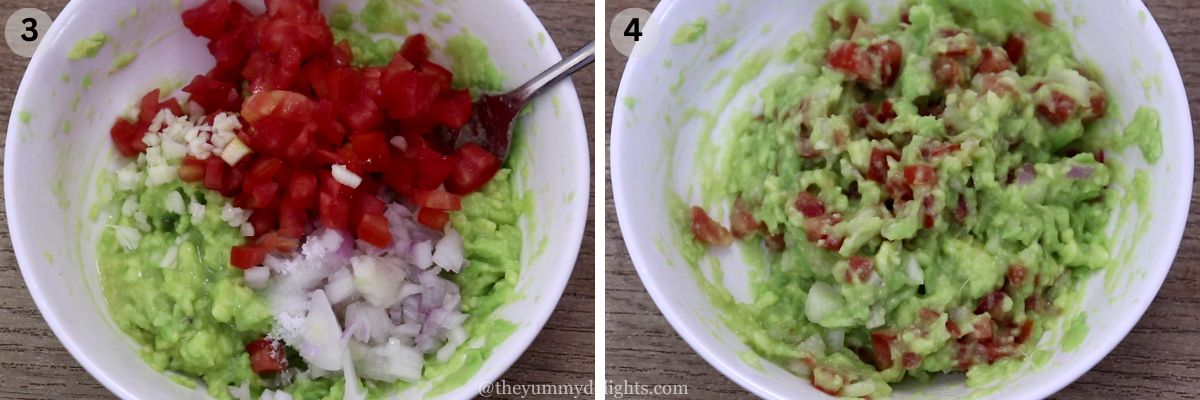 collage image of 2 steps showing addition of tomatoes, onions and other ingredients to make guacamole.