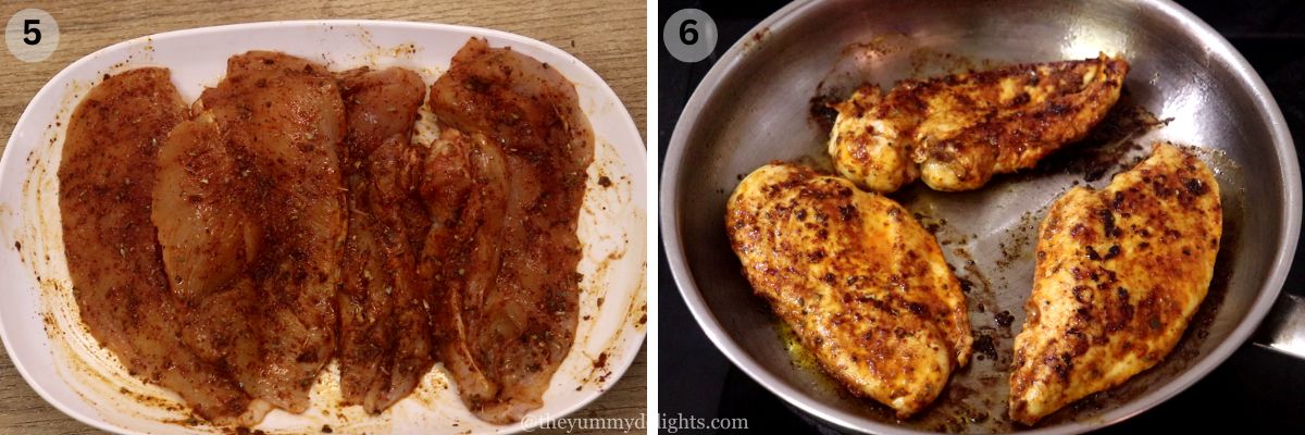 collage image of 2 steps showing cooking chicken to make chicken fajitas.