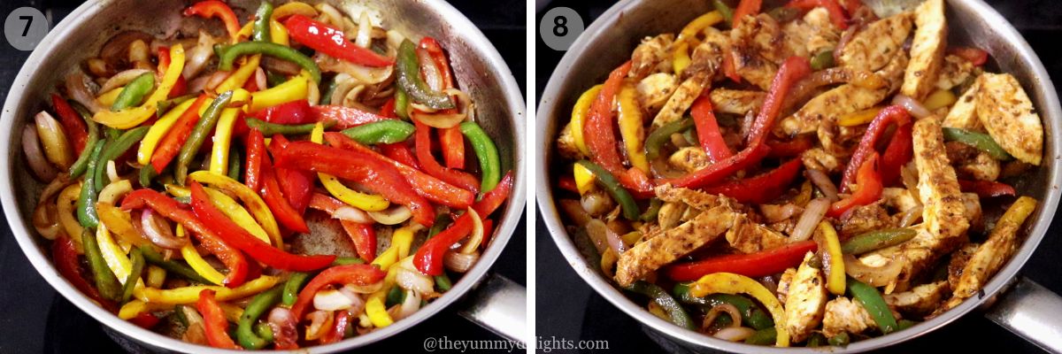 collage image of 2 steps showing making chicken fajitas. It shows addition of sliced chicken and cooking them with bell peppers.