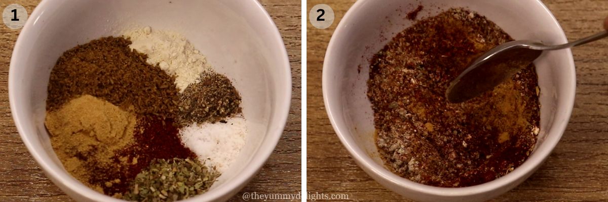 collage image of 2 steps showing how to make chicken fajita seasoning.