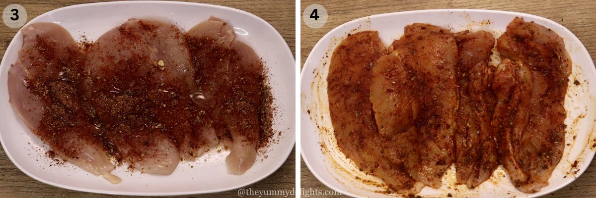 collage image of 2 steps showing marinating chicken with homemade fajita seasoning, oil and lemon juice.