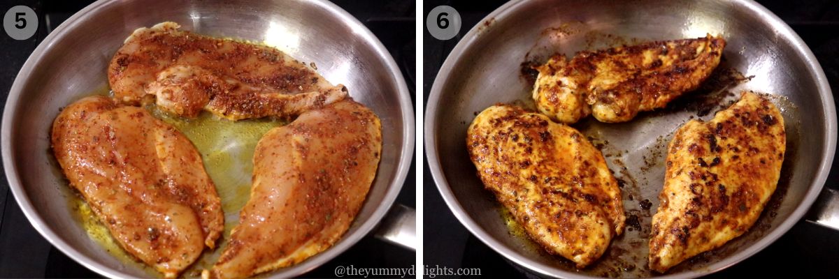 collage image of 2 steps showing cooking the chicken to make chicken fajitas.