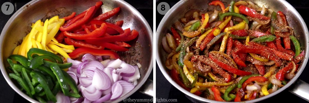 collage image of 2 steps showing cooking fajita vegetables. It shows sauteing the bell peppers and onions and addition of fajita seasoning to it.