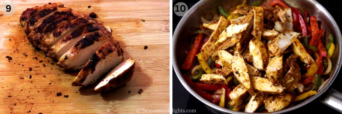 collage image of 2 steps showing slicing the chicken breast and combining it with sauteed bell peppers and onions.