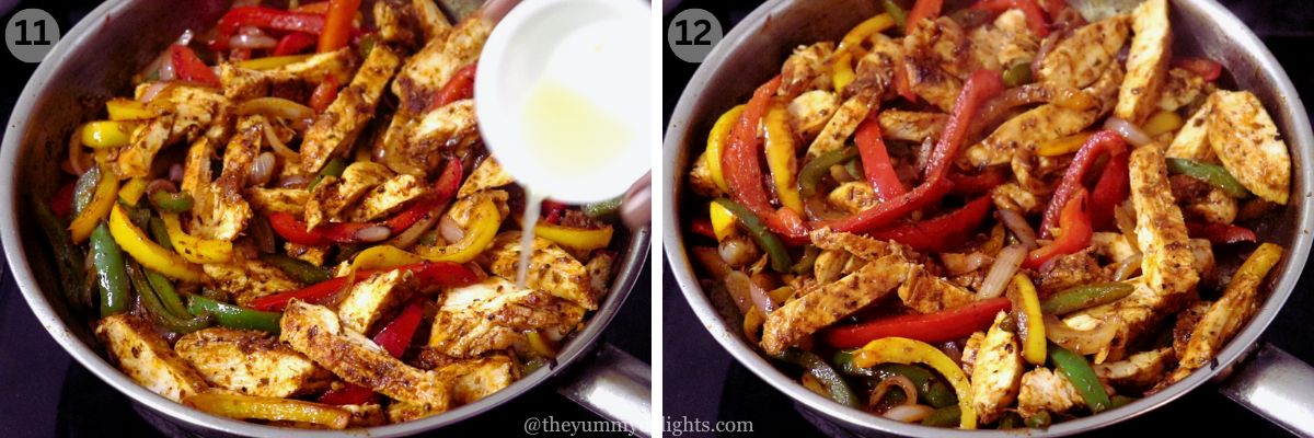 collage image of 2 steps showing addition of lemon juice and cooking chicken fajitas.