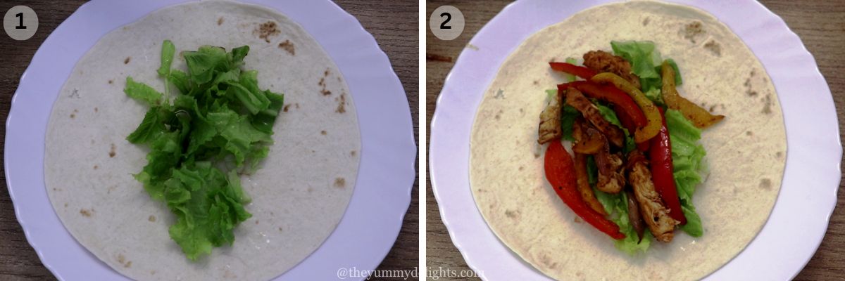 collage image of 2 steps showing assembling chicken fajita wraps. Showing the addition of lettuce leaves and chicken fajitas in the middle over a tortilla.