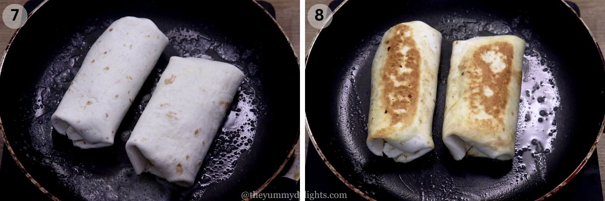 collage image of 2 steps showing grilling fajita wraps and golden, crispy chicken fajita wraps grilling in a non-stick pan.