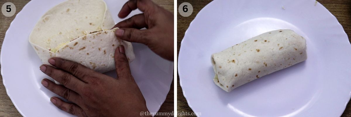 collage image of 2 steps showing how to fold chicken fajita wrap.