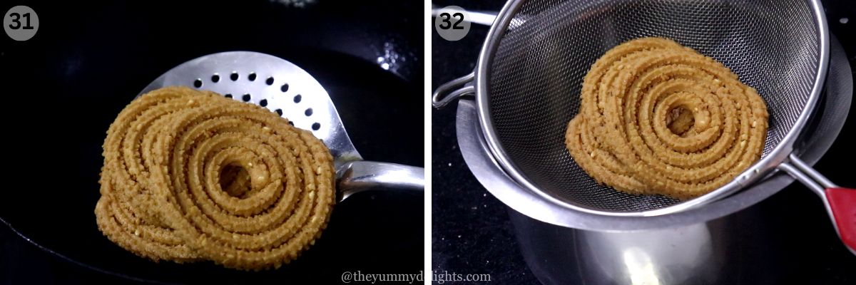 Collage image of 2 steps showing fried Maharashtrian chakli placed on a strainer.