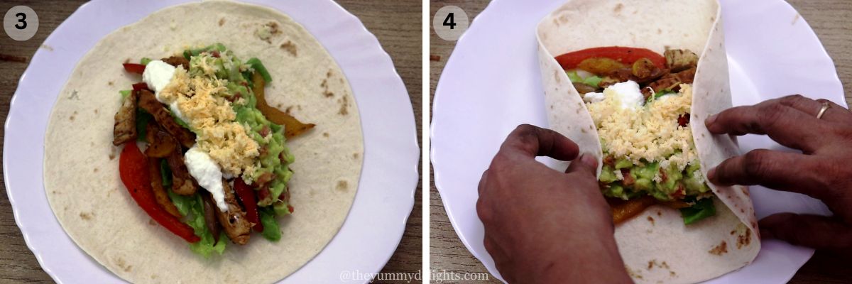 collage image of 2 steps showing assembled chicken fajita wrap and folding the wrap.