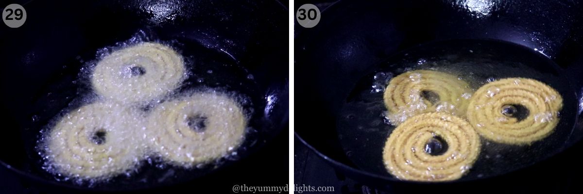 Collage image of 2 steps showing frying Maharashtrian bhajani chakli in hot oil until golden brown.