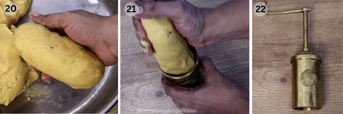 Collage image of 3 steps showing filling the chakli maker with chakli dough to make Instant bhajani chakli.