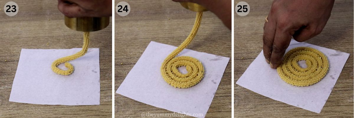 Collage image of 3 steps showing shaping Maharashtrian chakli dough using a chakli maker for crispy spirals.