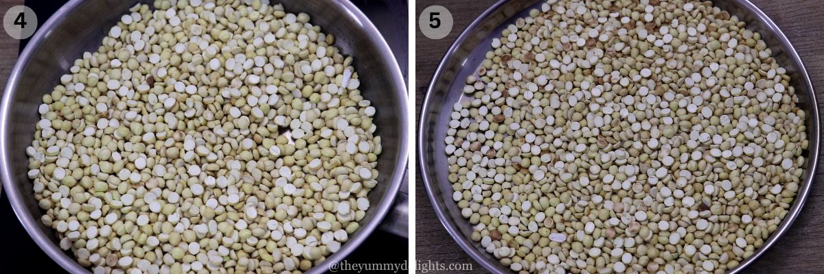 Collage image of 2 steps showing roasting putana/chana to make bhajani flour.