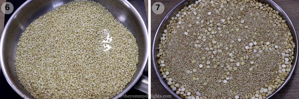 Collage image of 2 steps showing roasting urad dal to make Maharashtrian bhajani flour.