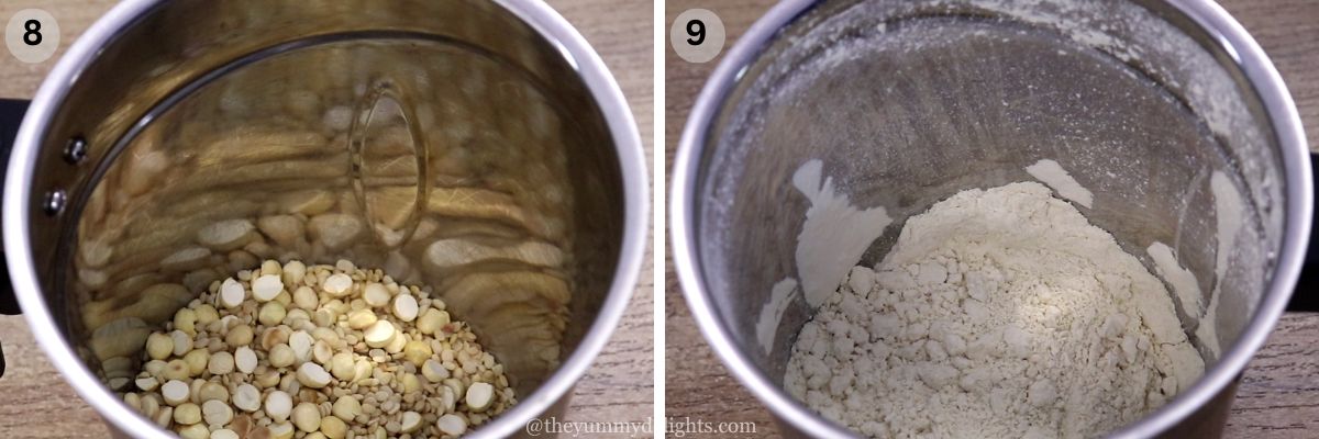 Collage image of 2 steps showing grinding chakli flour in a mixer jar.