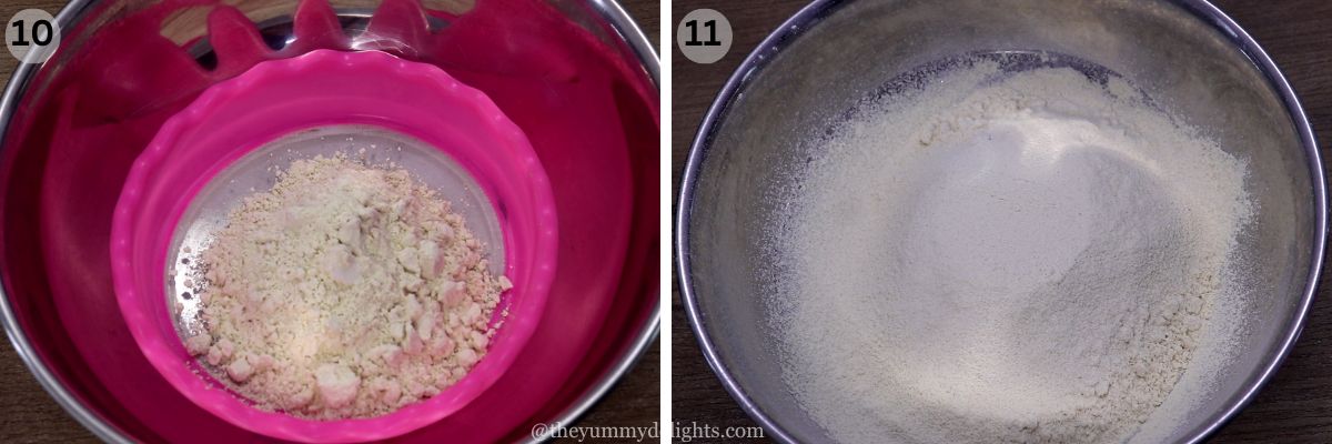 Collage image of 2 steps showing sifting the chakli flour.