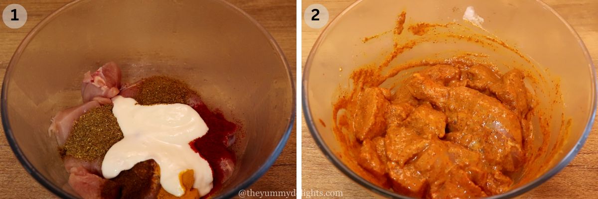 collage image of 2 steps showing how to make restaurant style chicken curry. It shows marinating the chicken.