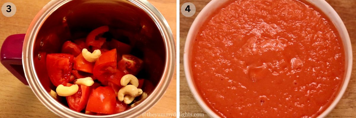 collage image of 2 steps showing making tomato cashew paste to make restaurant style chicken gravy.