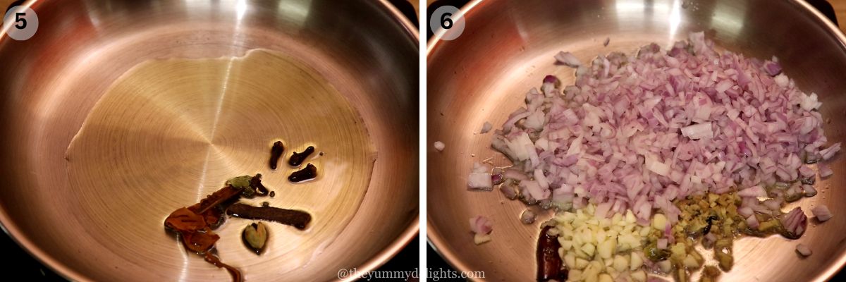 collage image of 2 steps showing sauteing whole spices and onions to make Indian chicken curry.