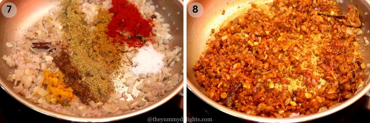 collage image of 2 steps showing addition of spices and sauteing them to make restaurant style chicken curry.