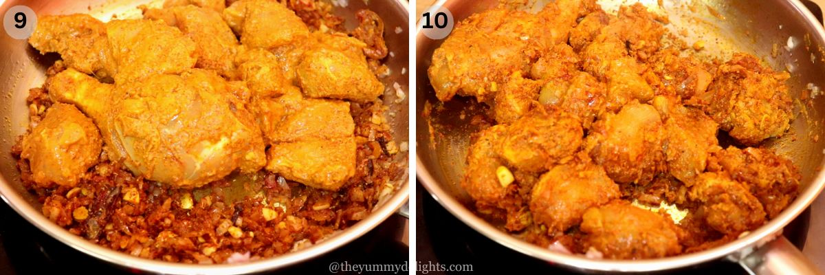 collage image of 2 steps showing addition of marinated chicken and stir frying them to make chicken curry.