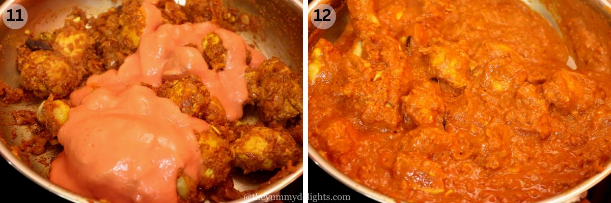 collage image of 2 steps showing addition of tomato-cashew paste and cooking them.