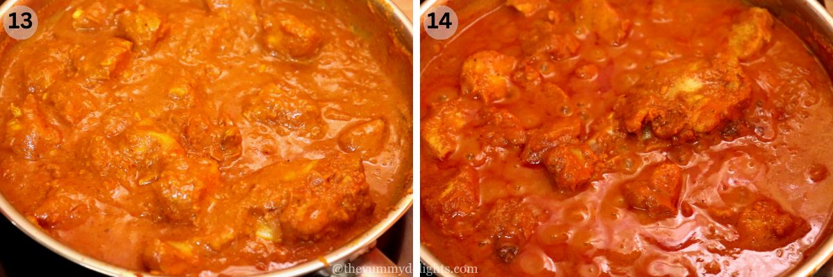 collage image of 2 steps showing cooking restaurant style chicken curry. It shows addition of water to adjust the consistency of curry and cooking it.