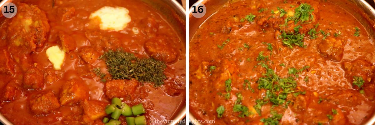 collage image of 2 steps showing addition of kasuri methi, cream and butter to the restaurant style chicken curry. It also shows garnishing the curry with coriander leaves.