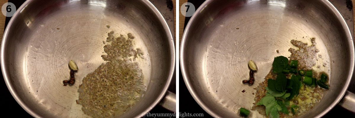 collage image of 2 steps showing how to make sama rice pulao. It shows sauteing whole spices, ginger, green chilies and curry leaves.