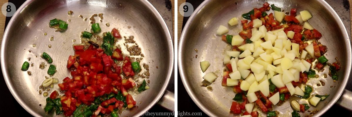 collage image of 2 steps showing addition of tomato and potatoes to make sama ke chawal ka pulao.