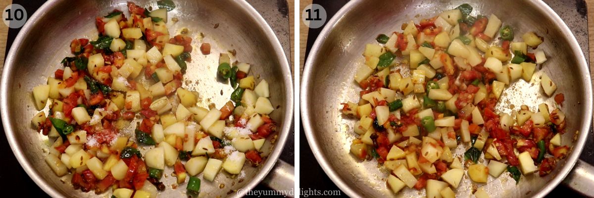 collage image of 2 steps showing stir-frying tomatoes and potatoes.