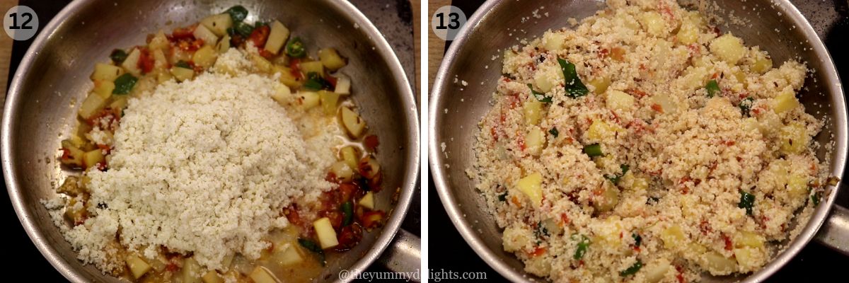 collage image of 2 steps showing how to make sama rice pulao. It shows addition of sama rice and stir-frying it.