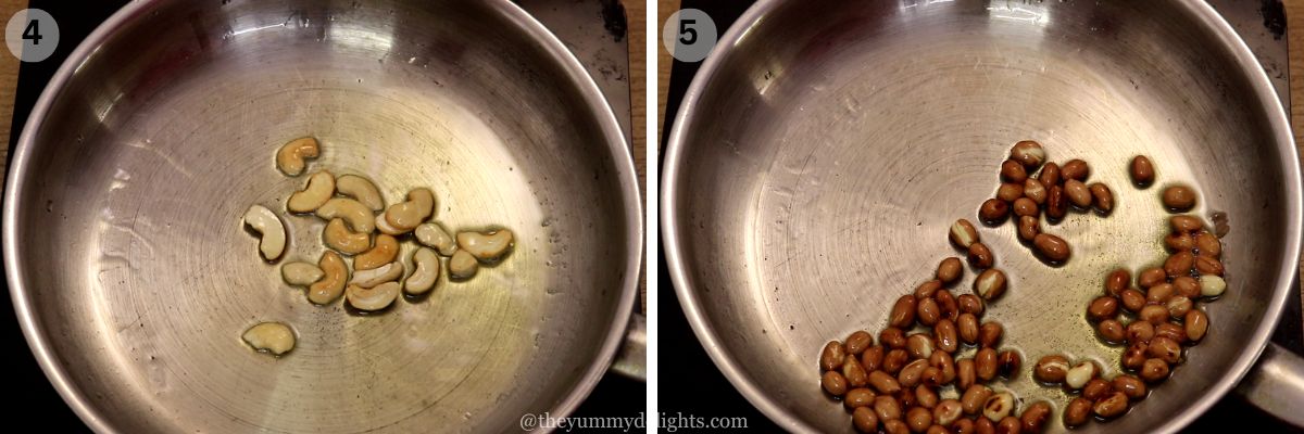 collage image of 2 steps showing stir-frying cashews and peanuts.