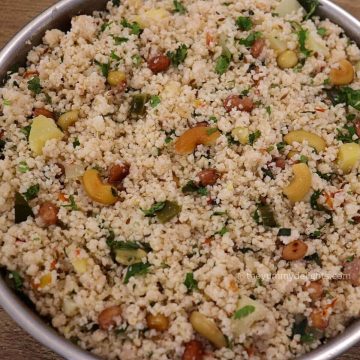 close-up of samak rice pulao in a pan.